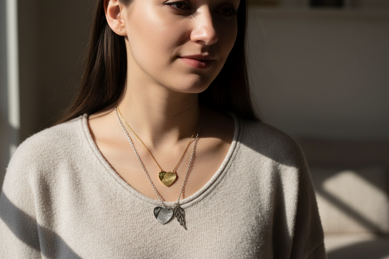 Collier cœur et aile d'ange porté